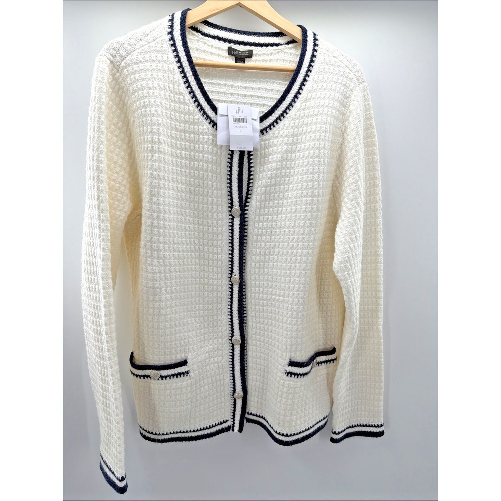 J. Jill Wearever Sweater Cardigan Women L  Contrast Trim NWT Chunky Knit Preppy
